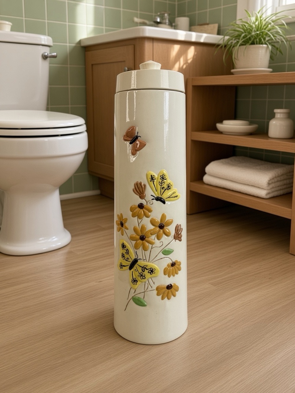 Vintage Japan Ceramic Toilet Brush Holder Butterflies Flowers Boho 1970s Kitsch